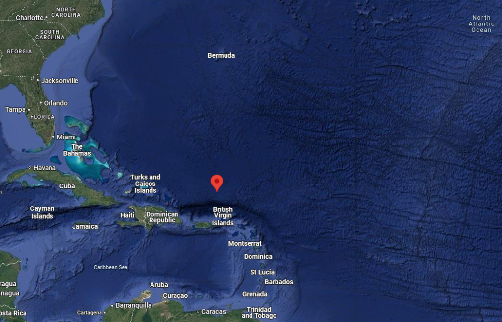 Satellite map of the North Atlantic with a marker near Puerto Rico.